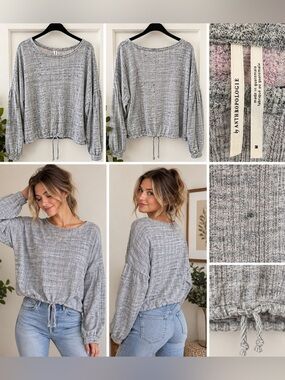 Anthropologie Gray Marled Knit Drawstring Hem Top Size Medium